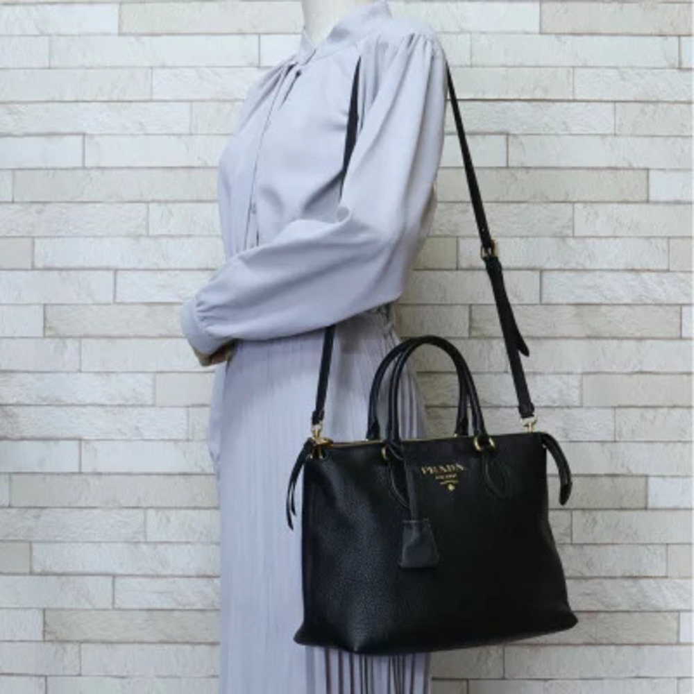 Prada Top Handle Leather Black Phenix Bag Crossbody Vitello